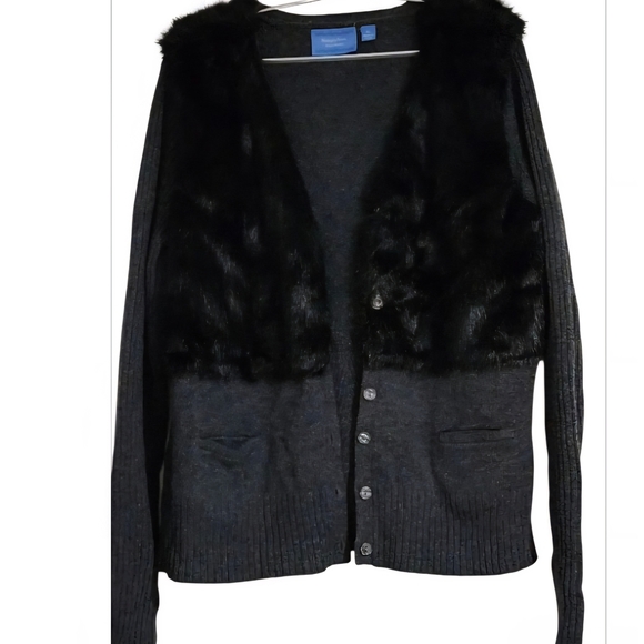 Simply Vera Vera Wang Charcoal Cardigan with Black Faux Fur - Picture 1 of 8